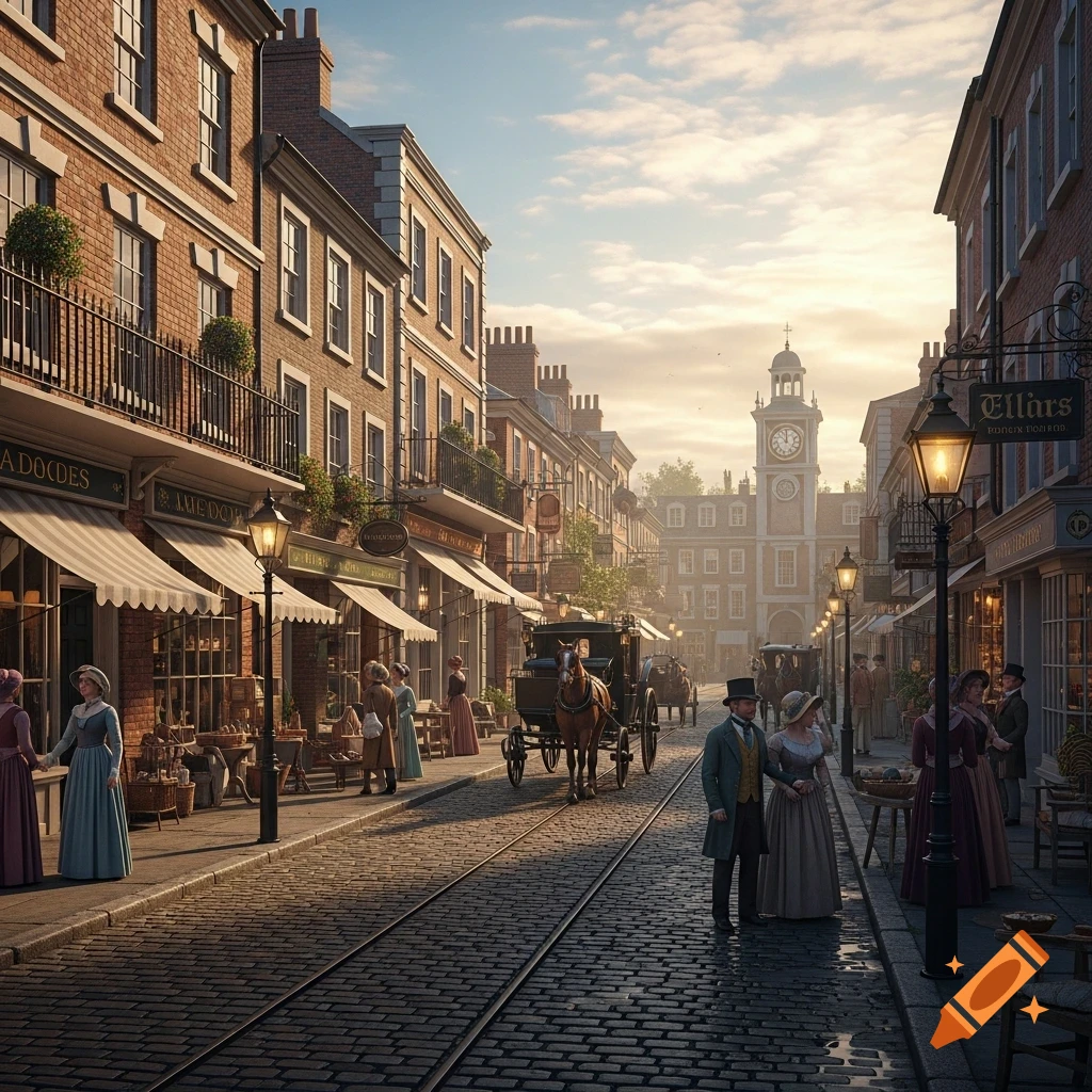 A detailed photorealistic depiction of a bustling Victorian street with brick buildings, horse-drawn carriages, and people in period clothing, under a sunny sky.