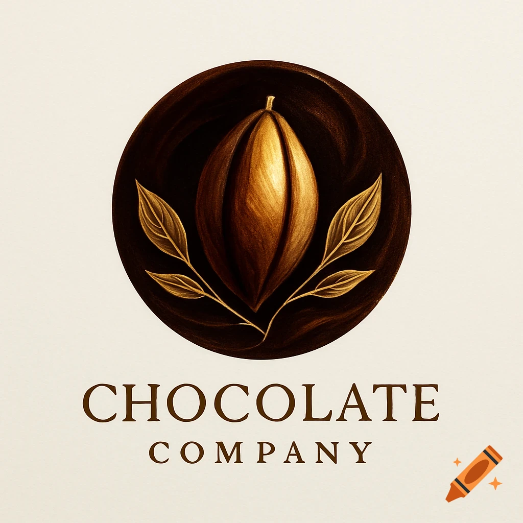 A chocolate company logo featuring a golden cocoa pod and leaves in a dark brown circle above the words CHOCOLATE COMPANY.