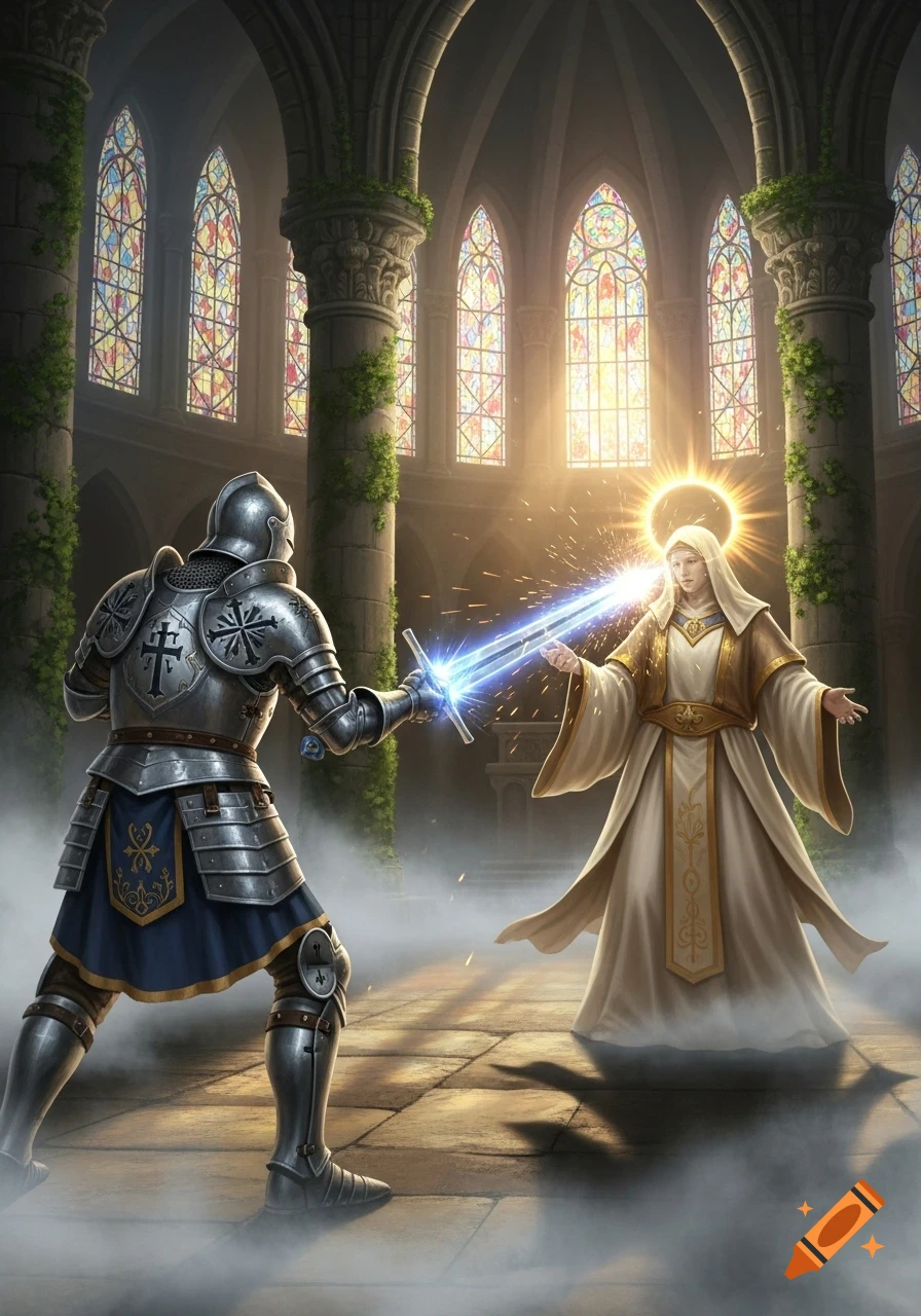 A knight in gleaming armor confronts a serene, robed spiritual figure with a glowing halo in a grand gothic cathedral with stained glass windows.