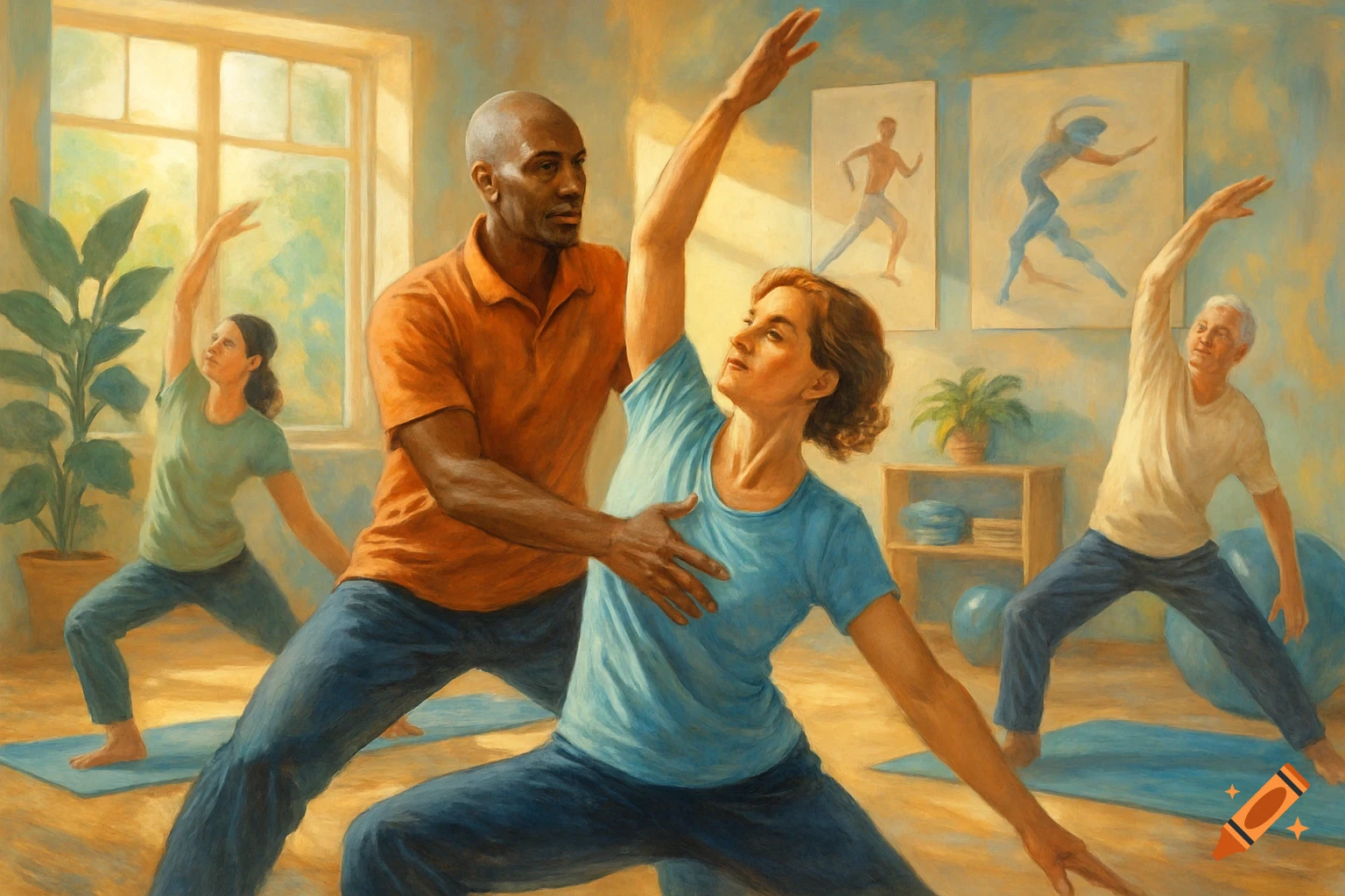 A group of adults practices yoga or physiotherapy with an instructor in a sunlit room, rendered in an oil painting style.
