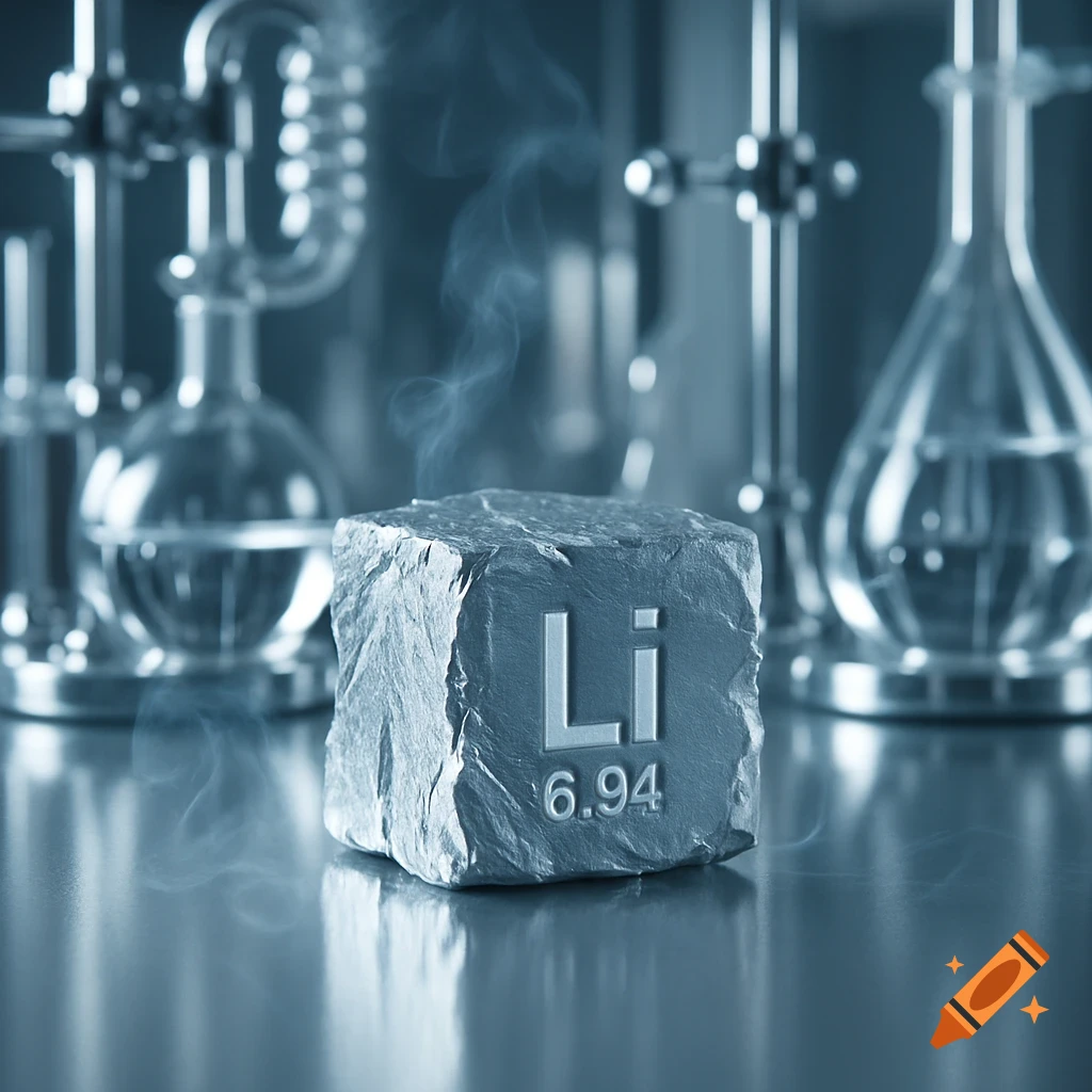 A block of lithium element, labeled 'Li 6.94', emits light smoke in a chemistry laboratory with glassware.