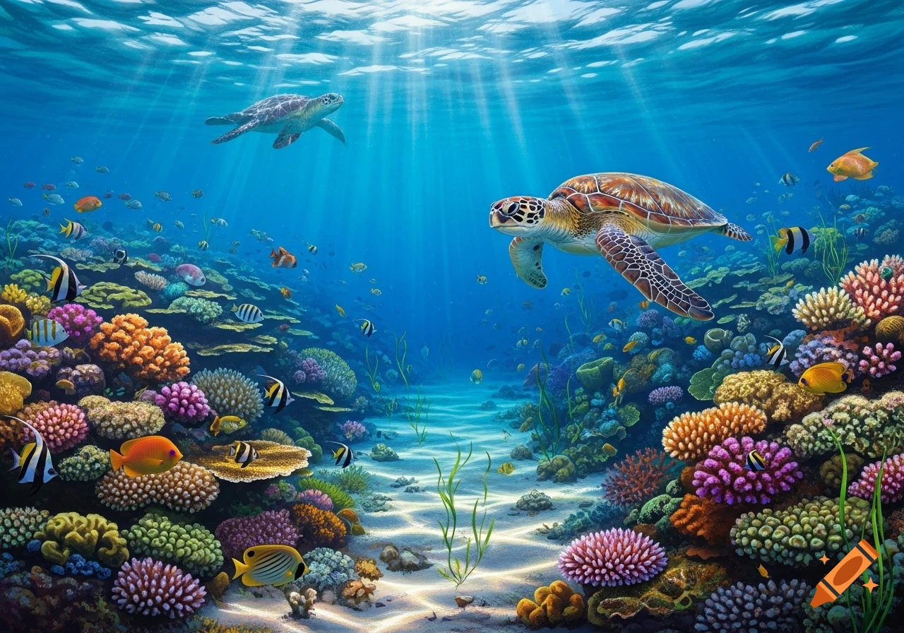 Two sea turtles swim over a vibrant coral reef, surrounded by colorful fish, with sunlight filtering through the clear blue water.