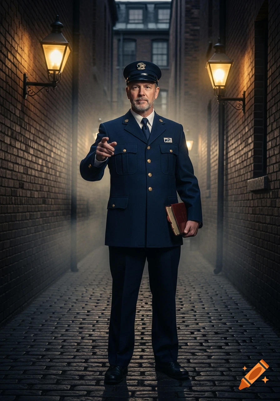A man in a 19th-century mailman uniform stands in a smoky alleyway at night, pointing forward and holding a book.