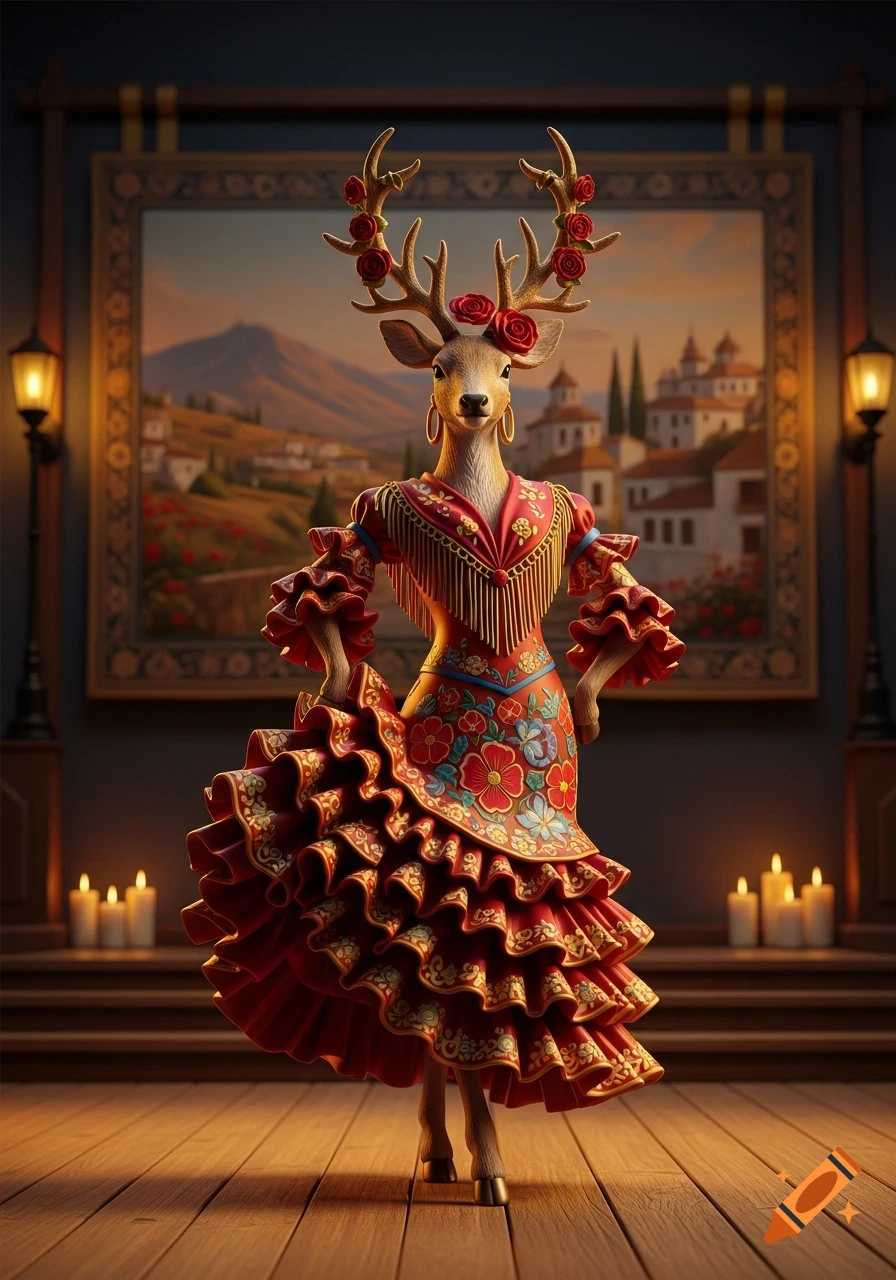 A deer figurine in a vibrant red Spanish flamenco dress, adorned with roses on its antlers, stands on a wooden floor.