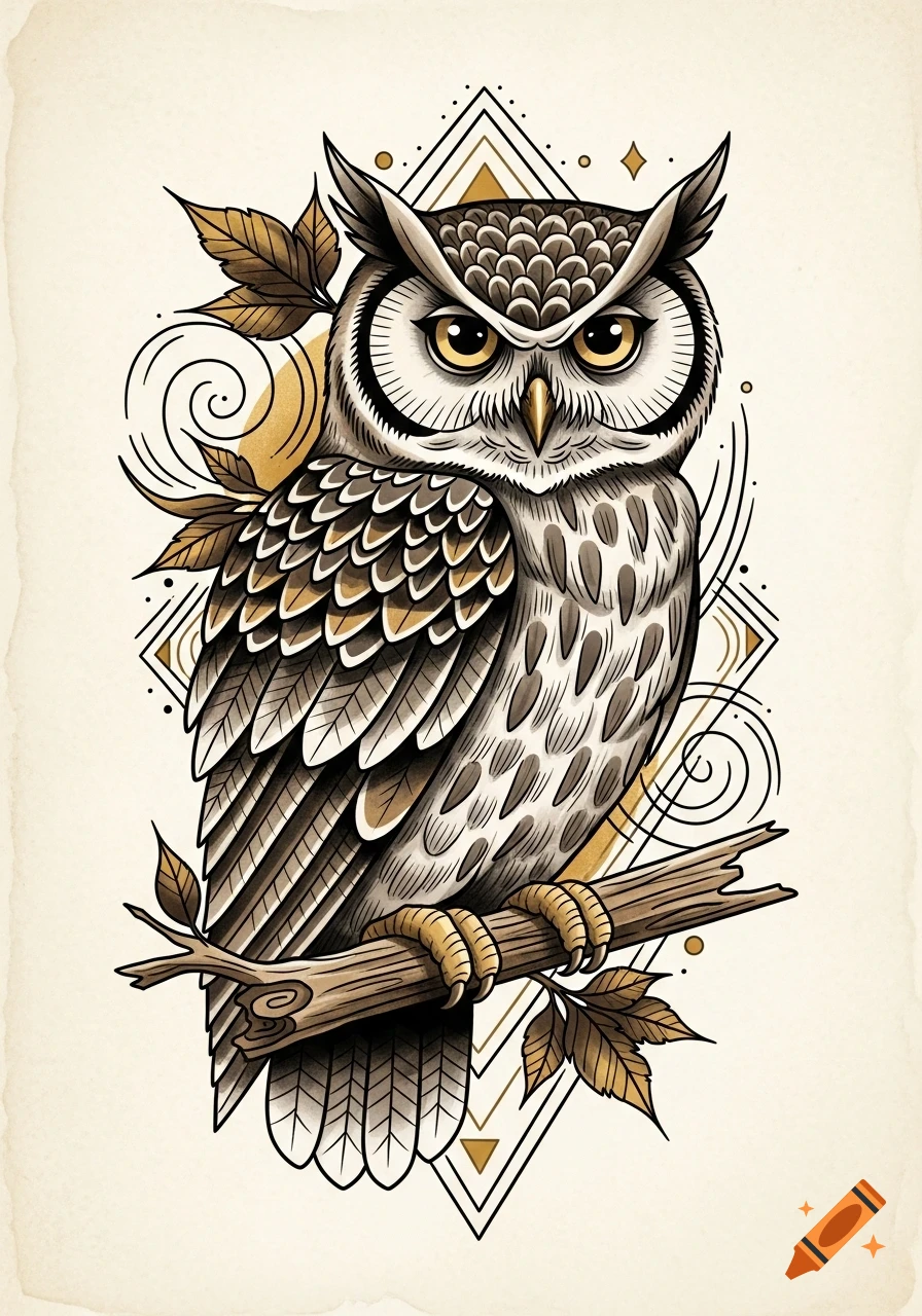 A traditional tattoo style illustration of an owl perched on a branch, featuring intricate feathers, gold accents, and geometric background patterns.