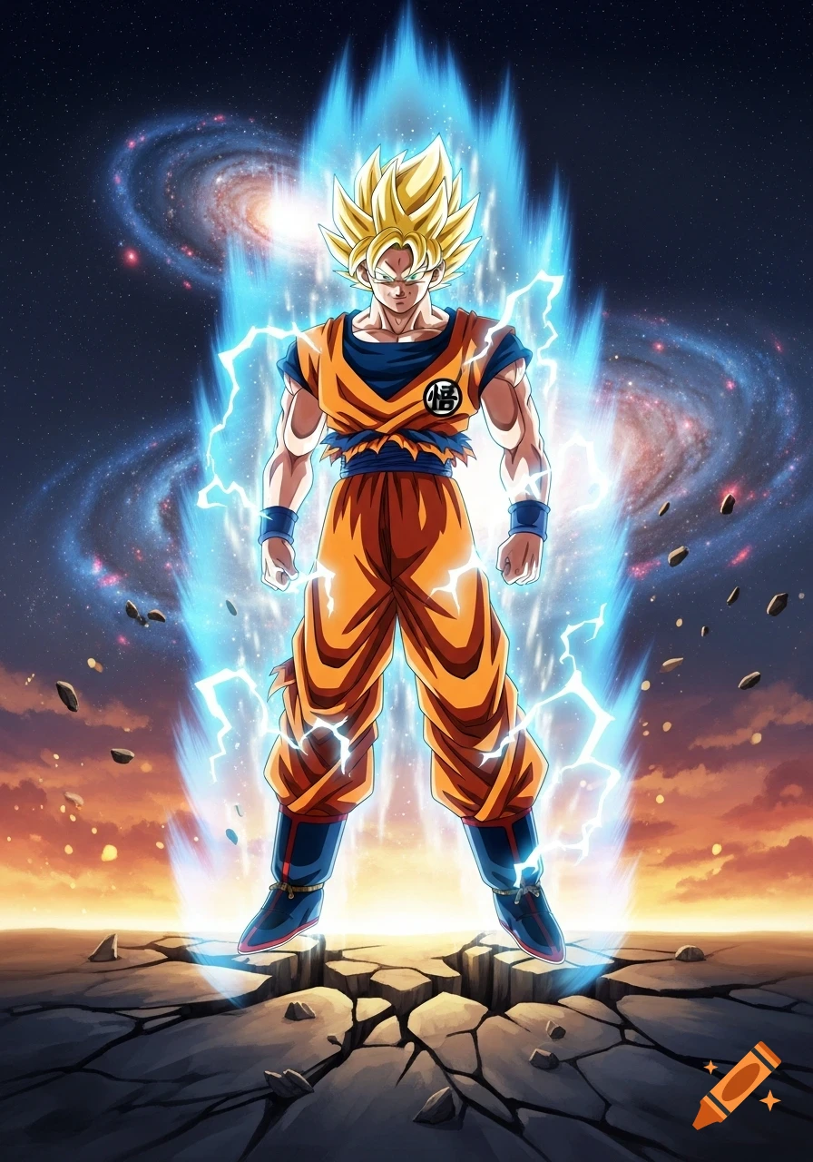 Goku in Super Saiyan form emitting blue energy, standing on cracked ground with a galaxy background.