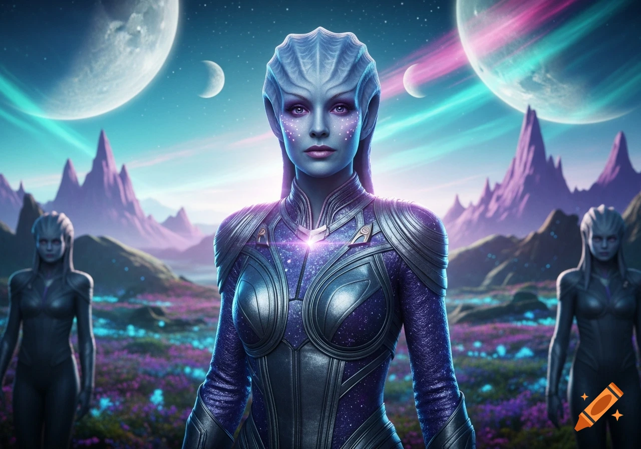Blue-skinned alien woman in futuristic armor on a vibrant alien planet with purple mountains and two moons in a colorful sky.