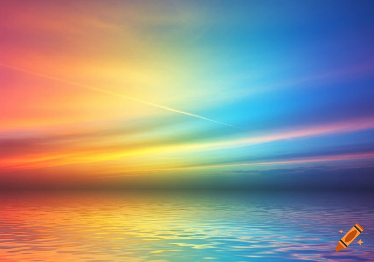 Vibrant rainbow-colored sky with smooth transitions reflecting on calm water, with faint contrails.