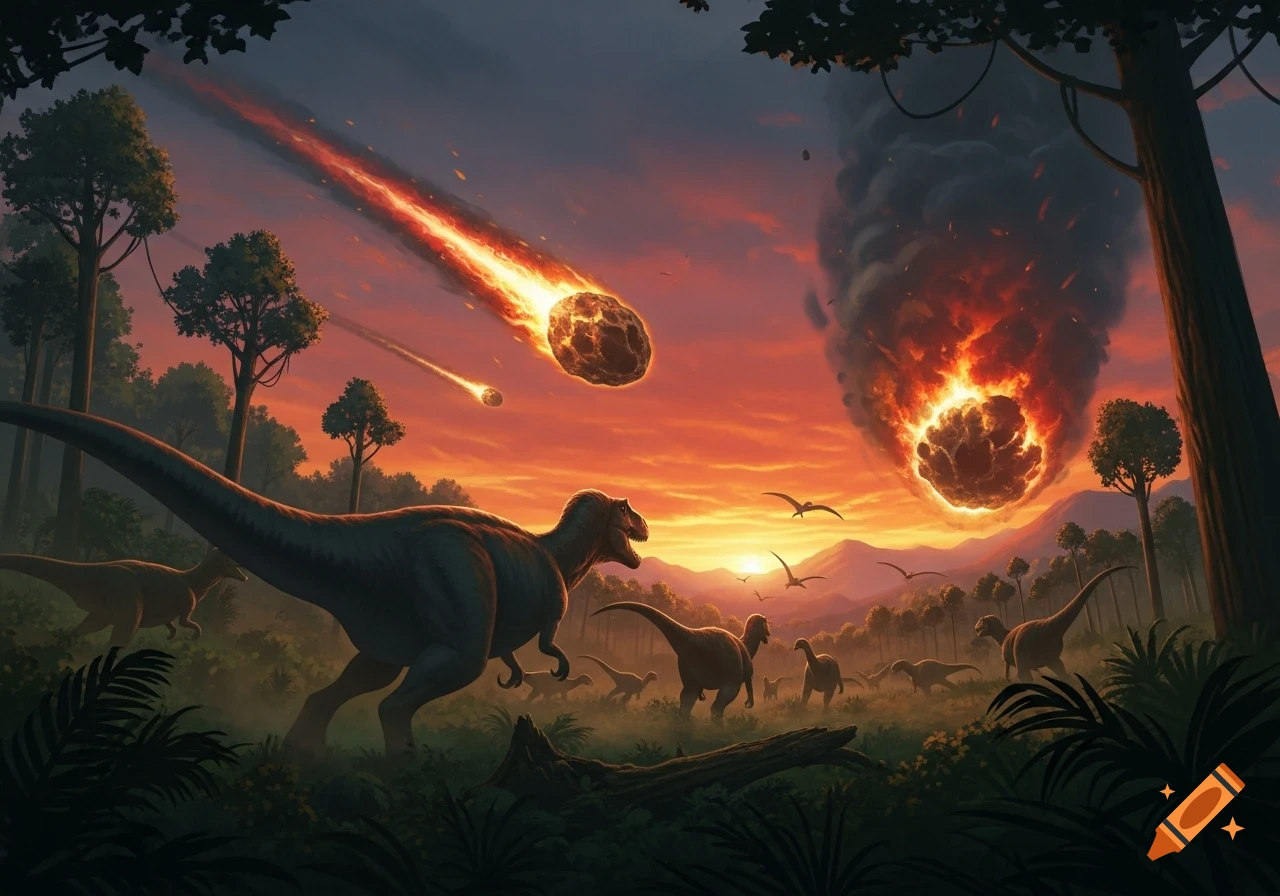 Dinosaurs running through a lush jungle at sunset as fiery asteroids fall, one impacting the earth.