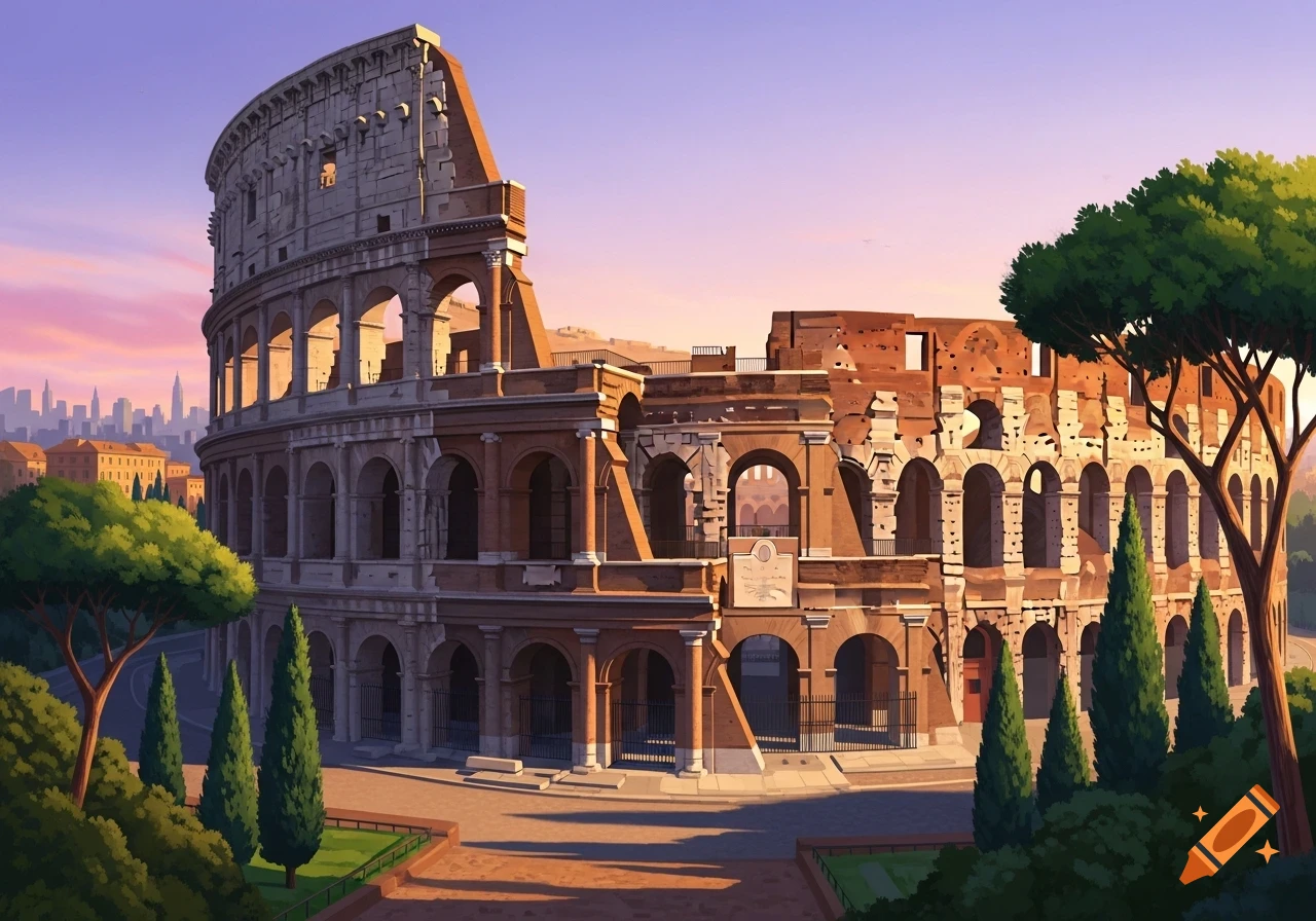 Animated depiction of the Roman Colosseum at sunset with surrounding trees and a city skyline in the distance.