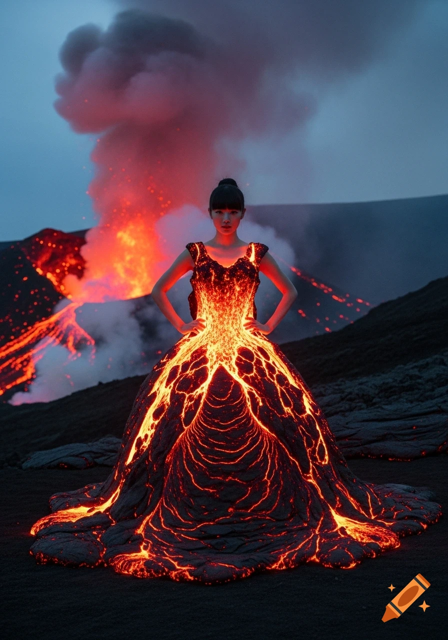 A Japanese woman in a dramatic dress made of glowing lava, standing with hands on hips before an erupting volcano at dusk.