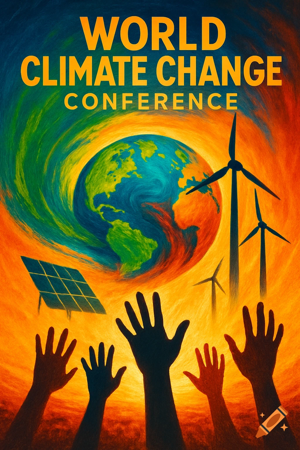 Vibrant poster for 'WORLD CLIMATE CHANGE CONFERENCE' with Earth, wind turbines, solar panel, and silhouetted hands.