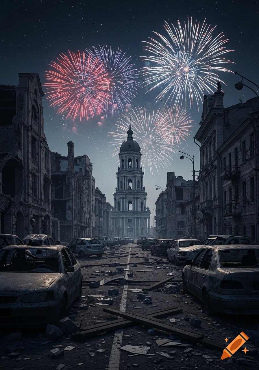 Photorealistic bombed city street at night, with destroyed cars, crumbling buildings, a central tower, and fireworks in the starry sky.