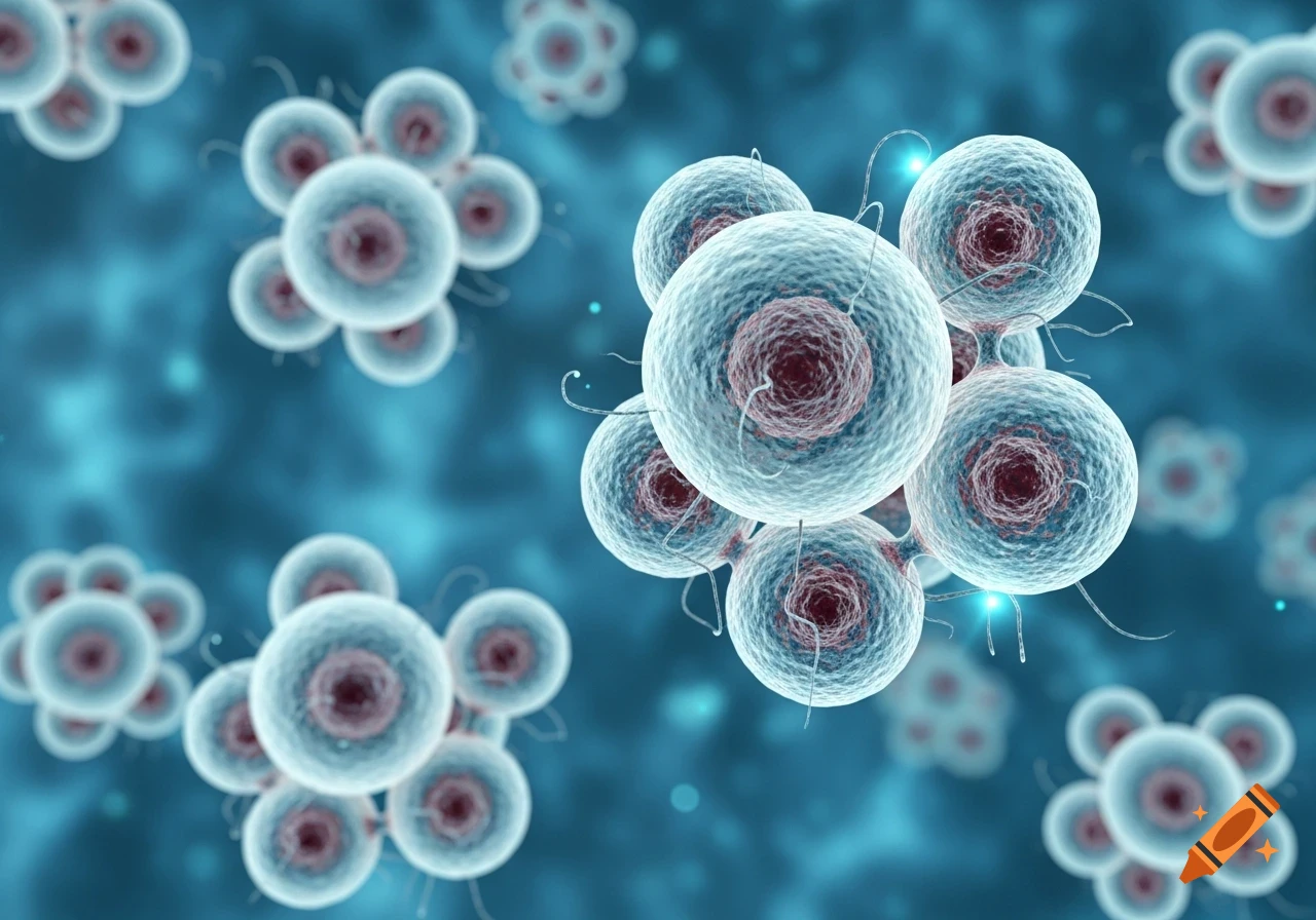 Close-up of numerous light blue, spherical cells with red centers and small filaments, against a blurry blue background.