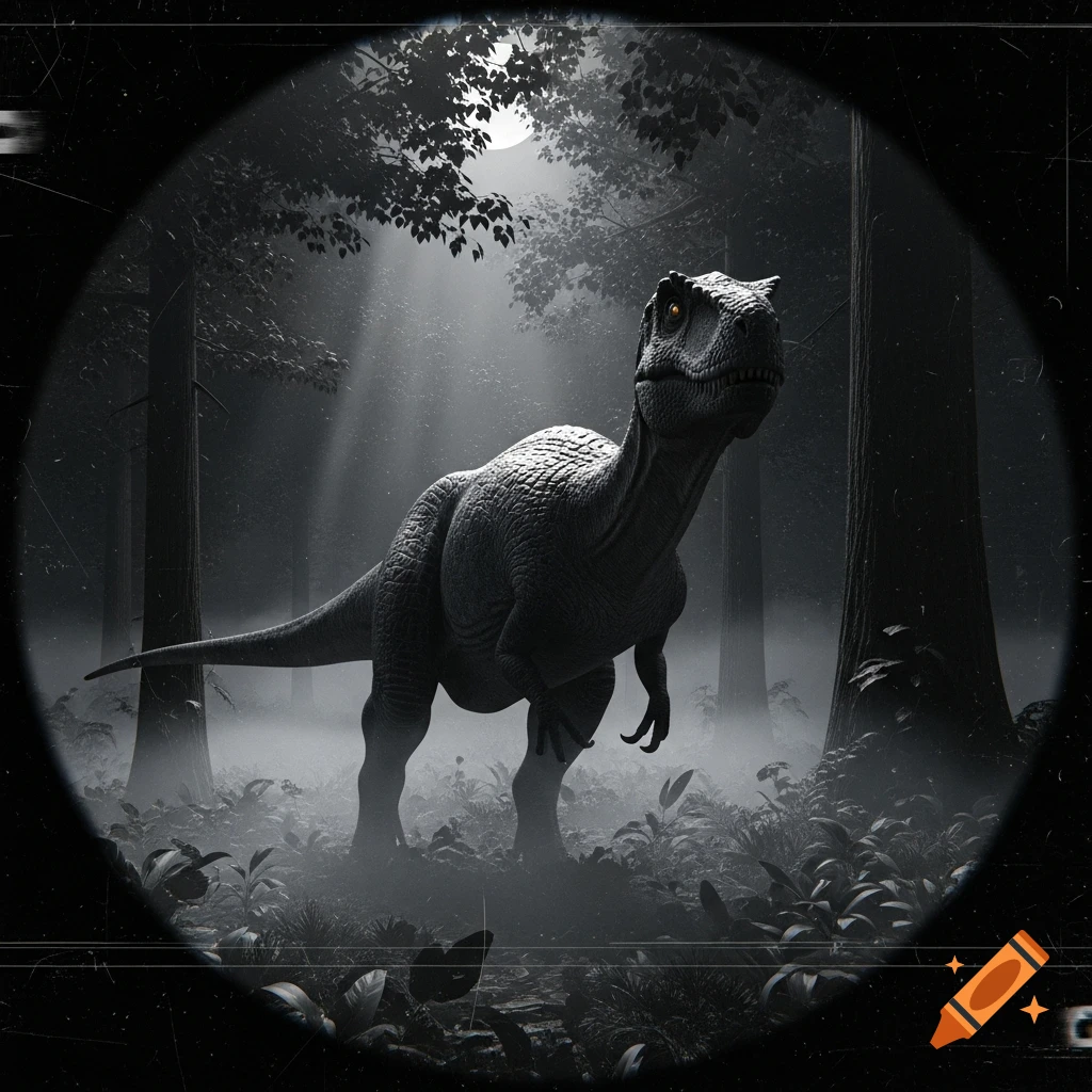 A large dinosaur with glowing eyes stands in a misty, moonlit forest, viewed through a circular camera lens with film grain.