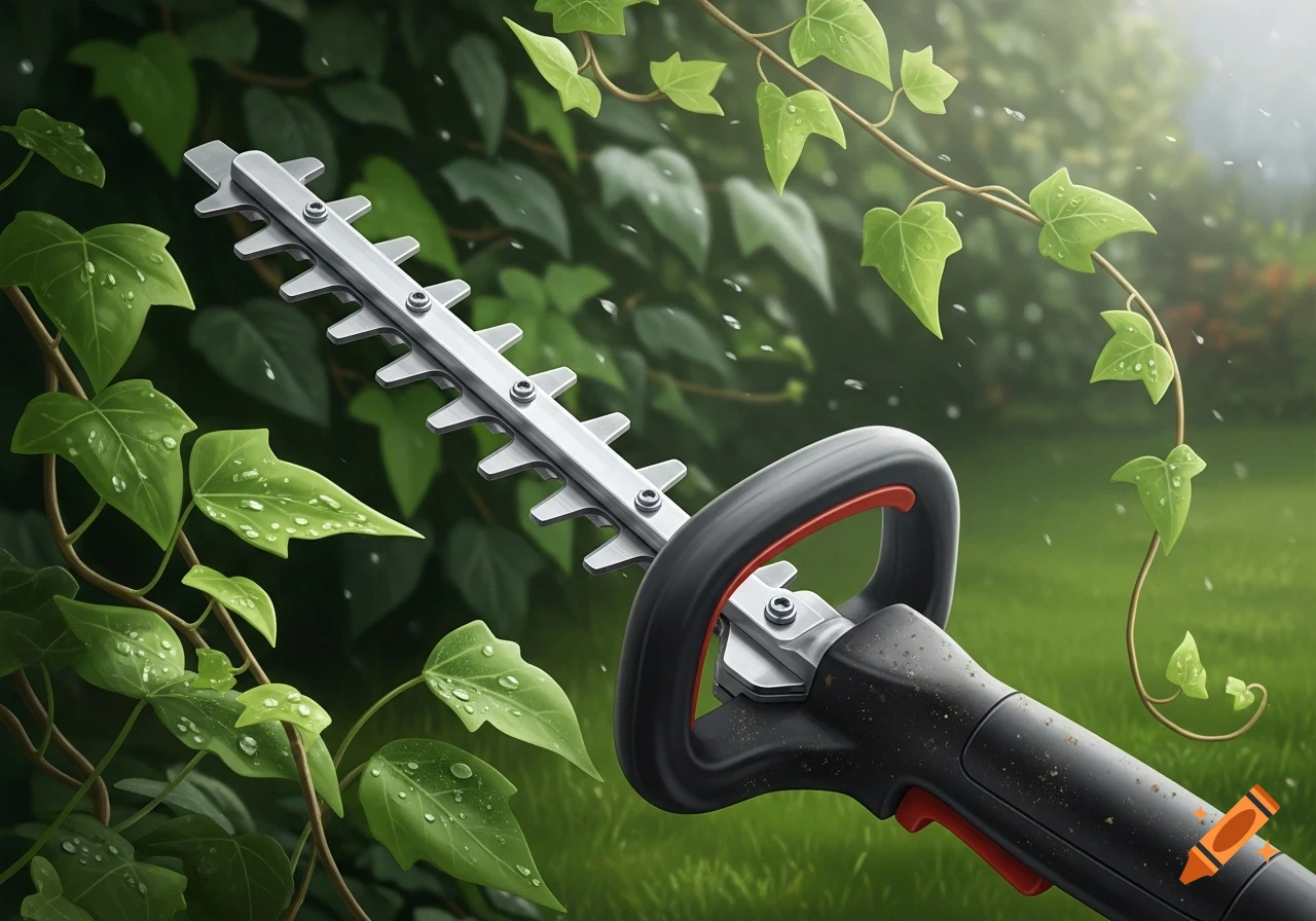 Close-up of a hedge trimmer blade and handle cutting through wet green ivy leaves in a garden, photorealistic style.