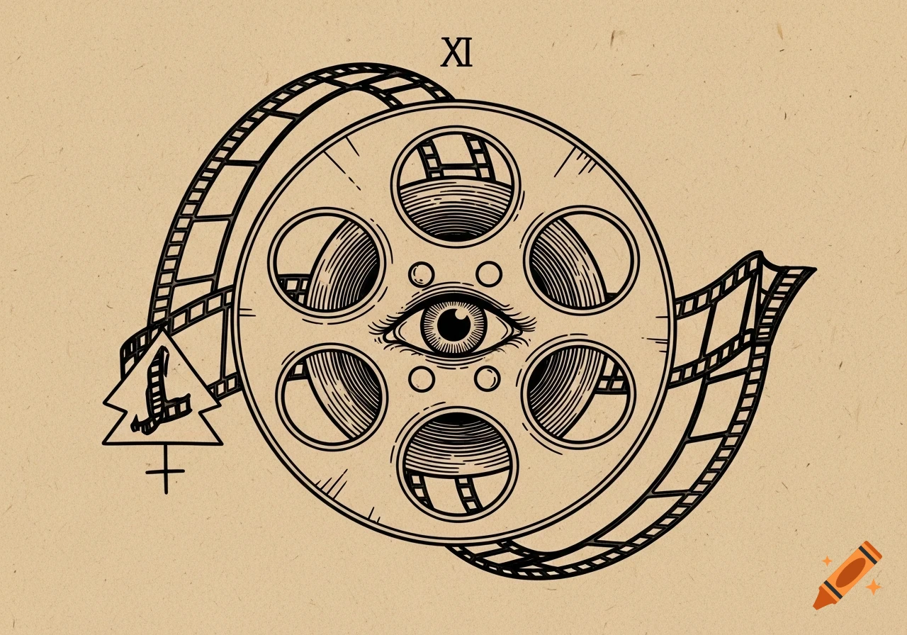Tarot-style line art illustration of a film reel with an all-seeing eye at its center, and Roman numerals XI at the top.