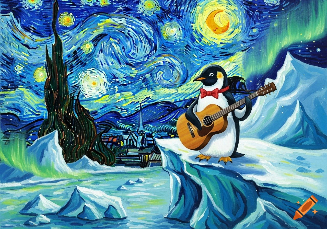 A penguin in a red bow tie plays guitar on an ice floe, set against a swirling Van Gogh-style starry night sky with aurora borealis.