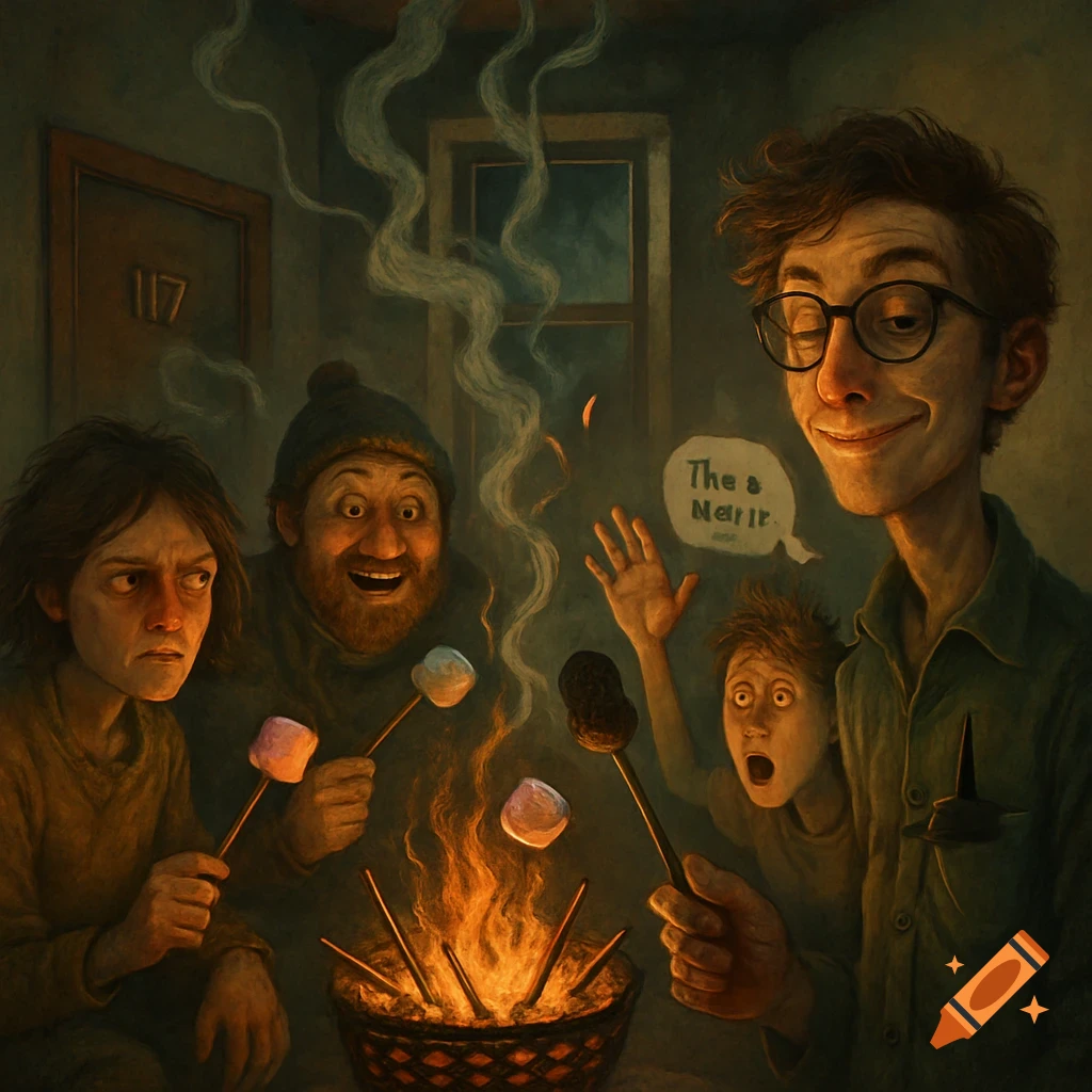 Four stylized people, including a man with glasses and a small boy, roast marshmallows over a fire in a dim room with "117" on a door and smoke billowing from the fire.