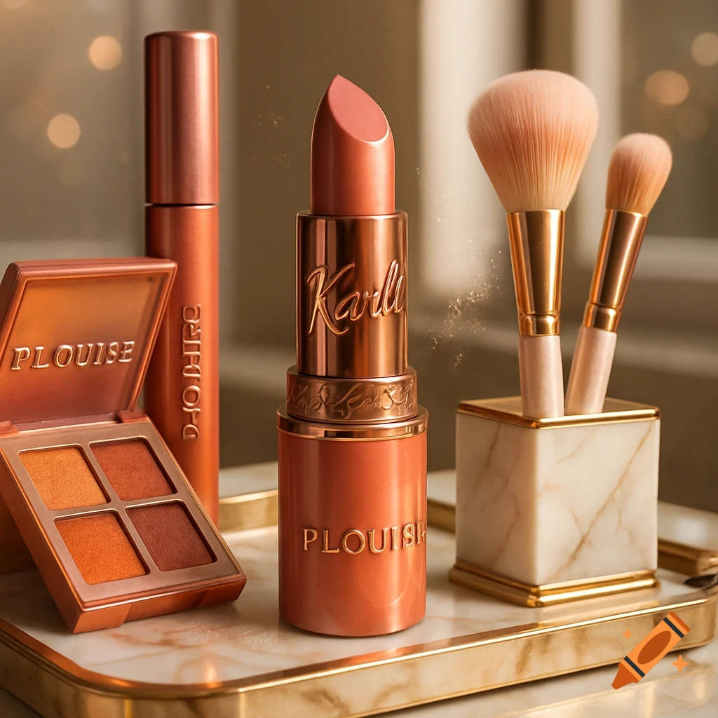 Photorealistic image of makeup products including an eyeshadow palette, lipstick, mascara, and two makeup brushes on a gold tray.