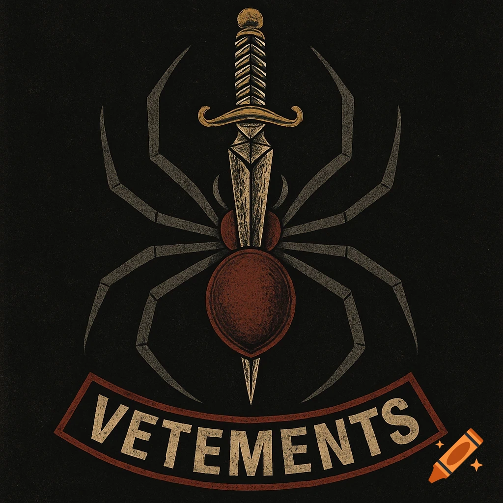 Grunge logo of a dagger piercing a spider, with "VETEMENTS" in a banner, in a vintage tattoo style.