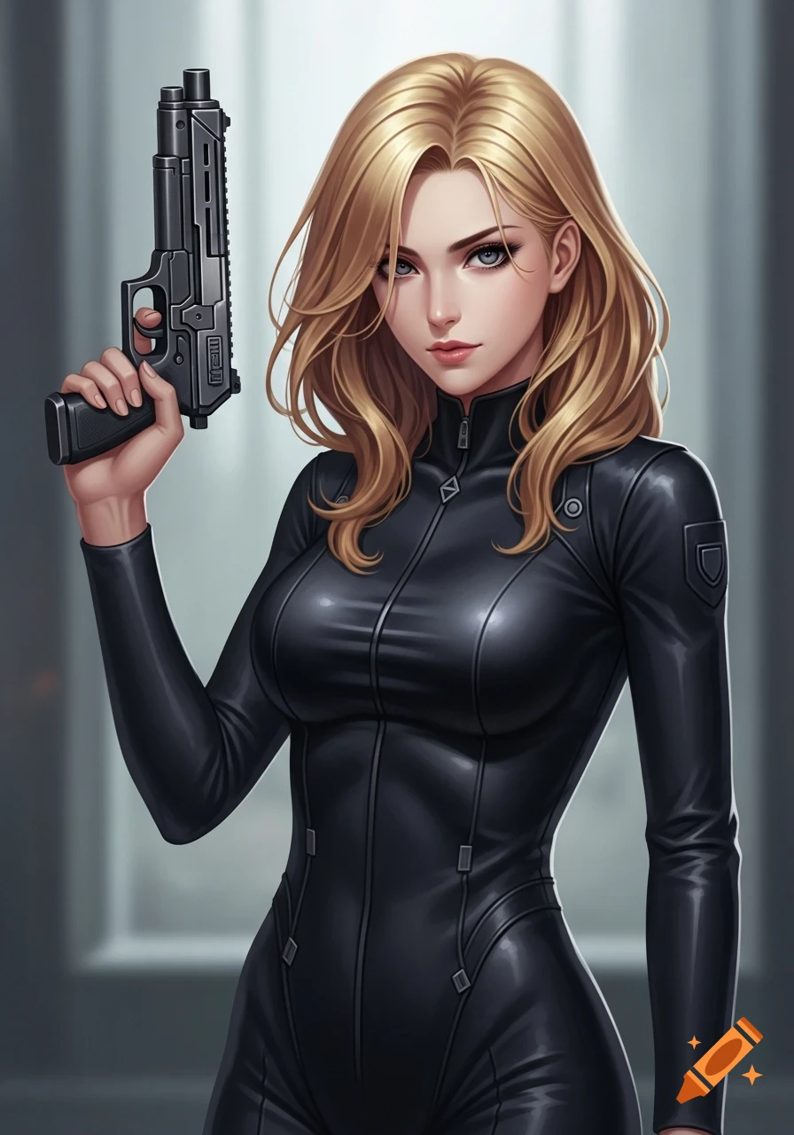Anime woman with blonde hair and grey-blue eyes, wearing a black jumpsuit and holding a gun in an action art style.