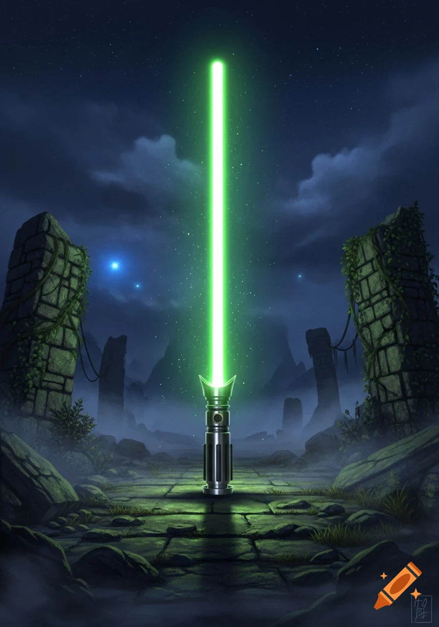A vibrant green lightsaber stands upright on a stone path surrounded by ancient, vine-covered ruins under a starry night sky.