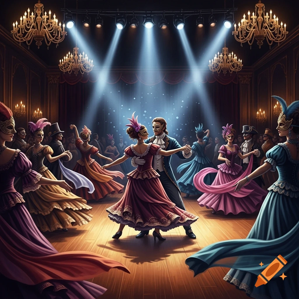 People in elaborate masquerade costumes dancing under spotlights in a grand, chandelier-lit hall.