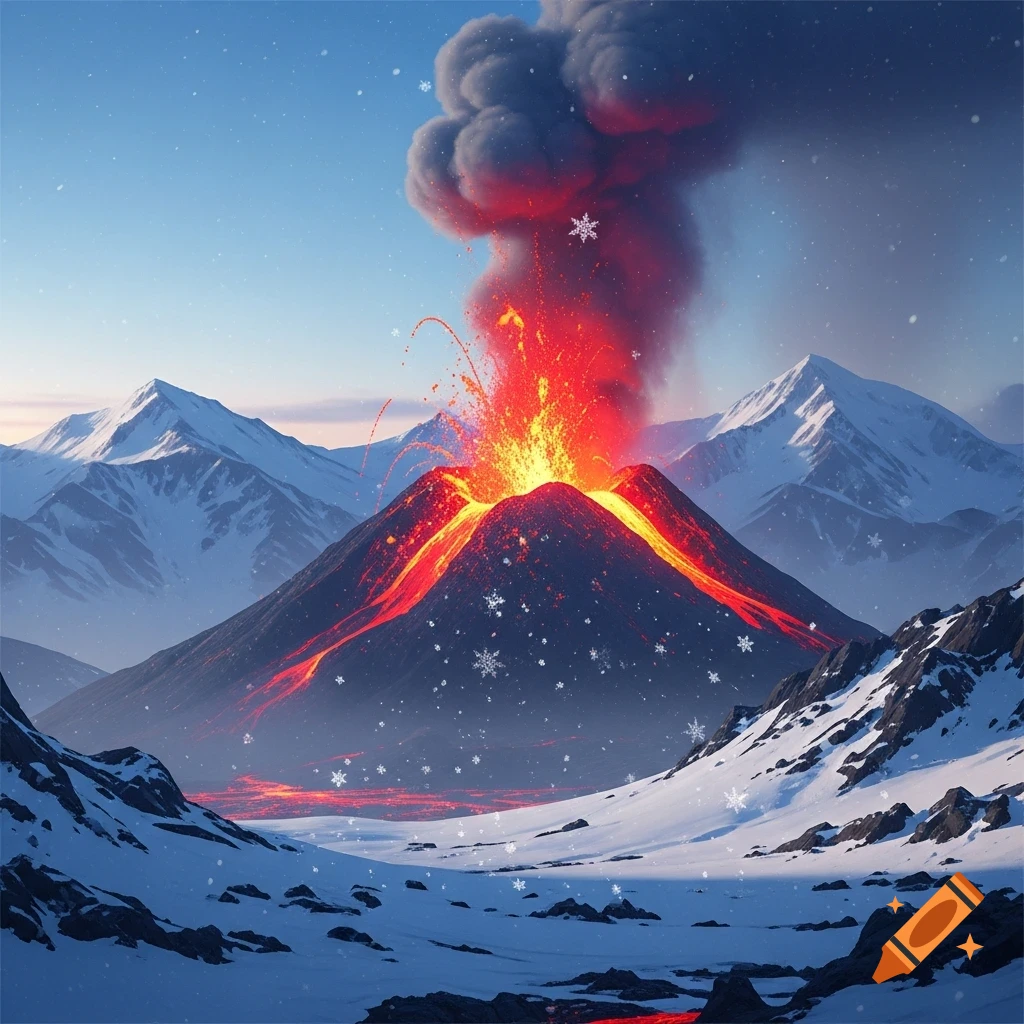 A vibrant volcano erupting with glowing lava, dark smoke, and falling snowflakes in a snow-covered mountain landscape.