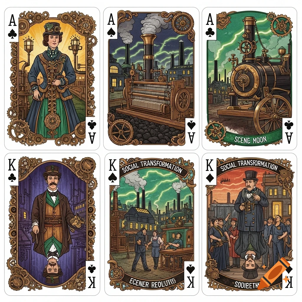 Six steampunk-style playing cards featuring a woman, a man, industrial machinery, and factory scenes, with decorative gear borders.