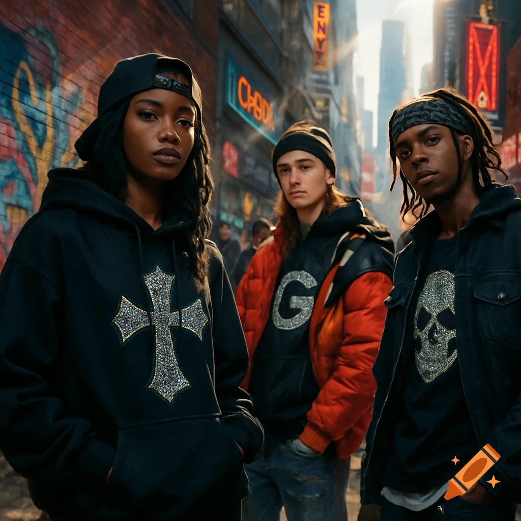 Three young people in streetwear pose on an urban street with graffiti and neon signs. A woman in a black hoodie with a diamond cross logo stands prominently, flanked by two men. Photorealistic style.