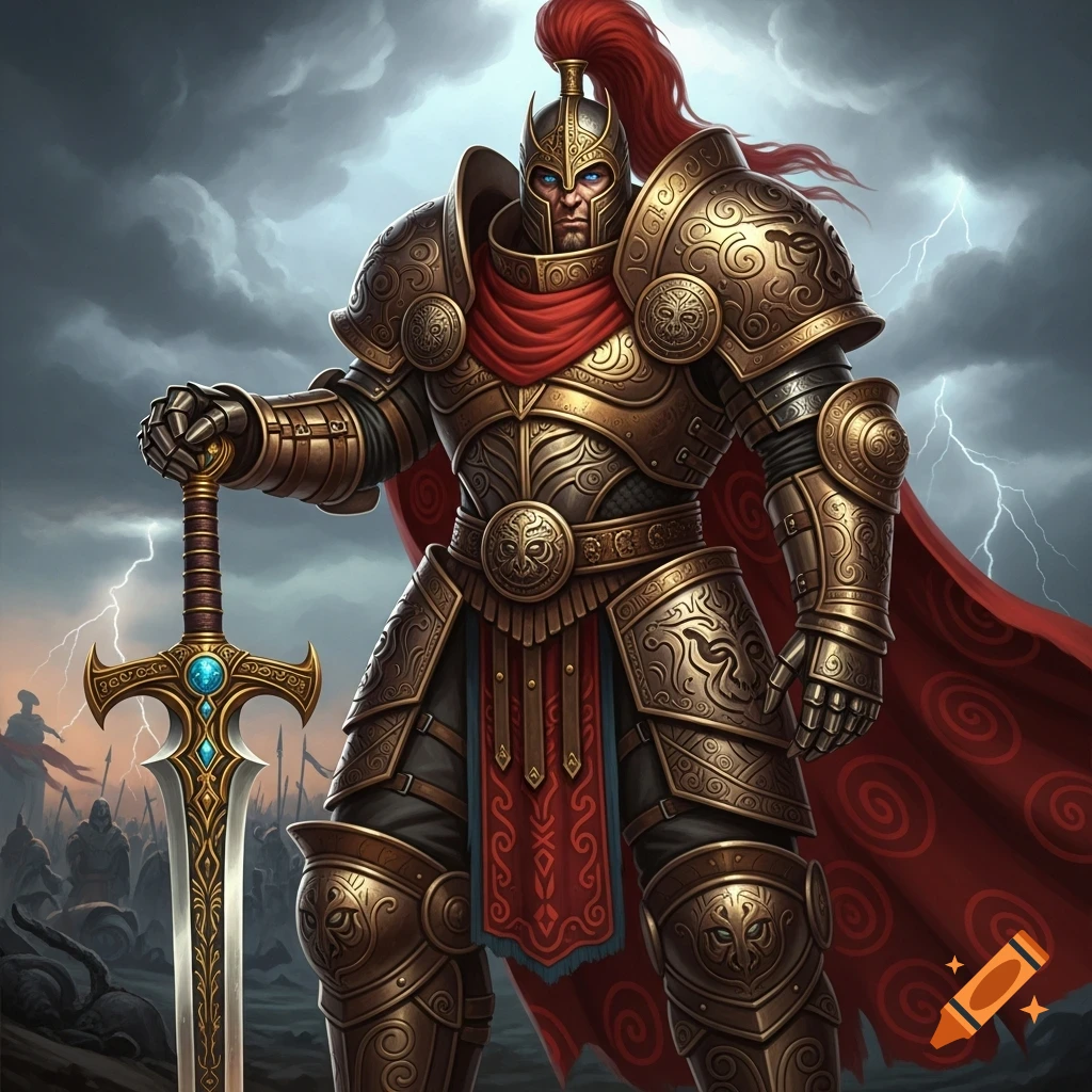 A heavily armored warrior with a red cape and plume stands holding a large sword under a stormy, lightning-filled sky.