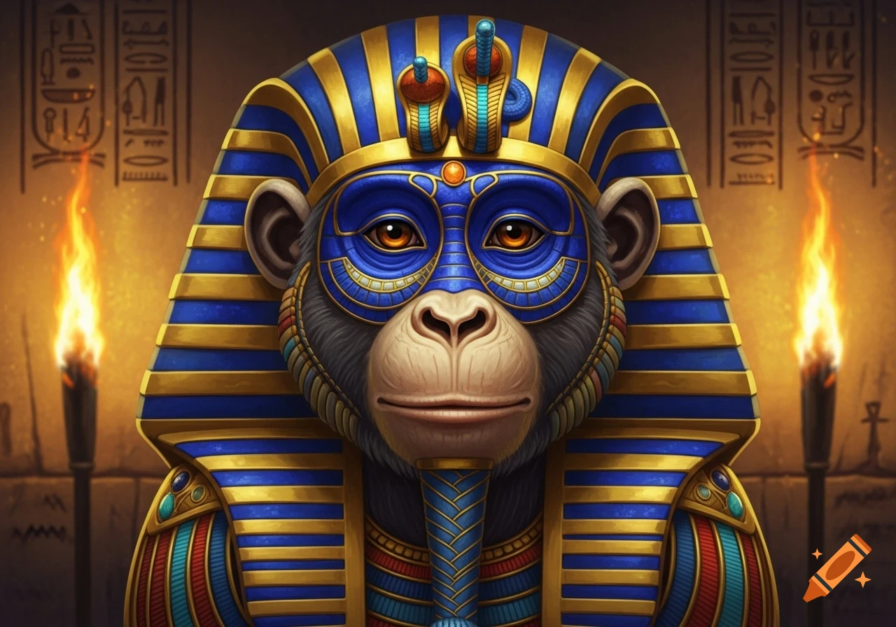 A monkey wearing an elaborate blue and gold ancient Egyptian pharaoh's mask, against a wall with hieroglyphs and flaming torches.