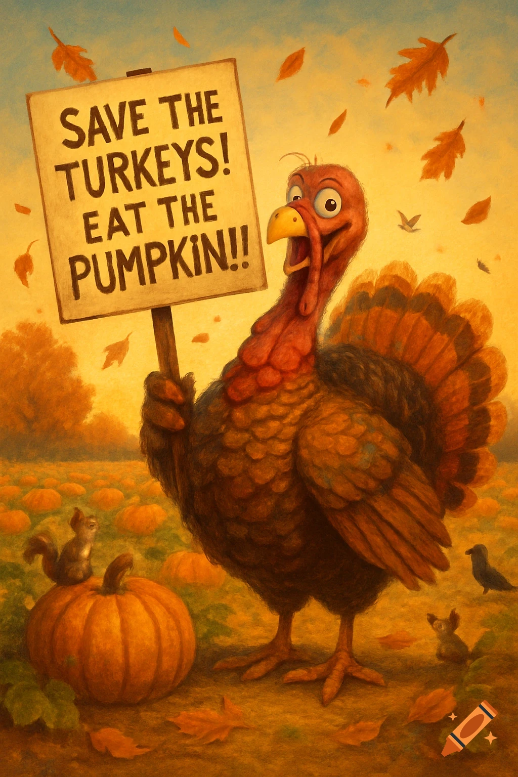 A cartoon turkey holds a sign saying "SAVE THE TURKEYS! EAT THE PUMPKIN!!" in an autumn pumpkin patch.