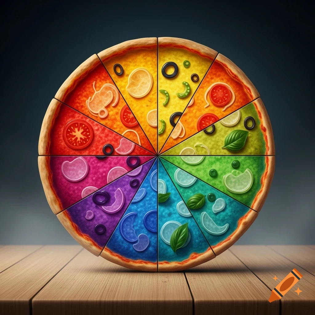 A vibrant pizza divided into ten colorful slices, each with unique, stylized toppings, on a wooden table.