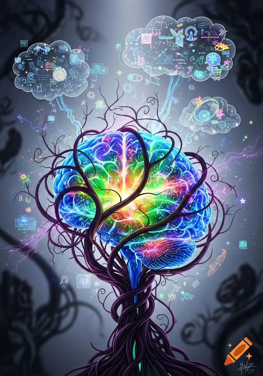 A vibrant, rainbow-colored brain growing like a tree with purple roots, surrounded by glowing technological and scientific thought bubbles.