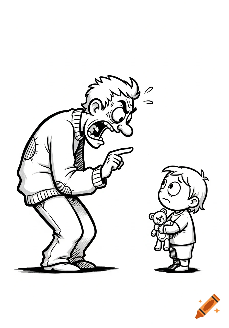Black and white cartoon drawing of an angry adult scolding a shy child holding a teddy bear.
