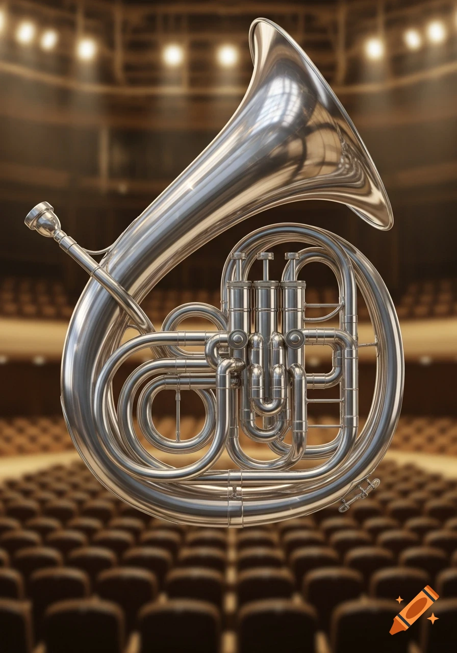 A shiny silver brass wind instrument, resembling a French horn, floats in front of a blurred concert hall with empty seats.
