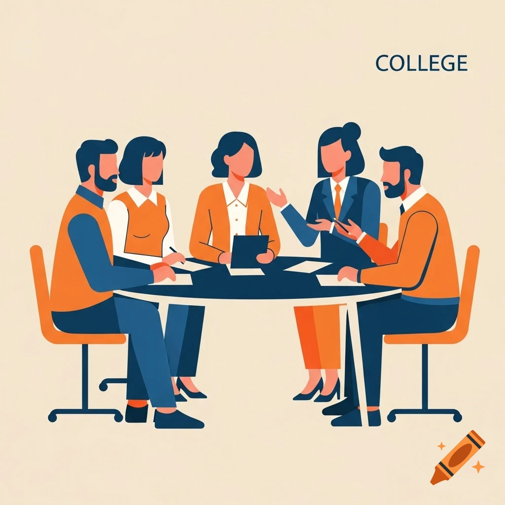 Five stylized people, three women and two men, in a business casual meeting around a table, with the word COLLEGE in the background.
