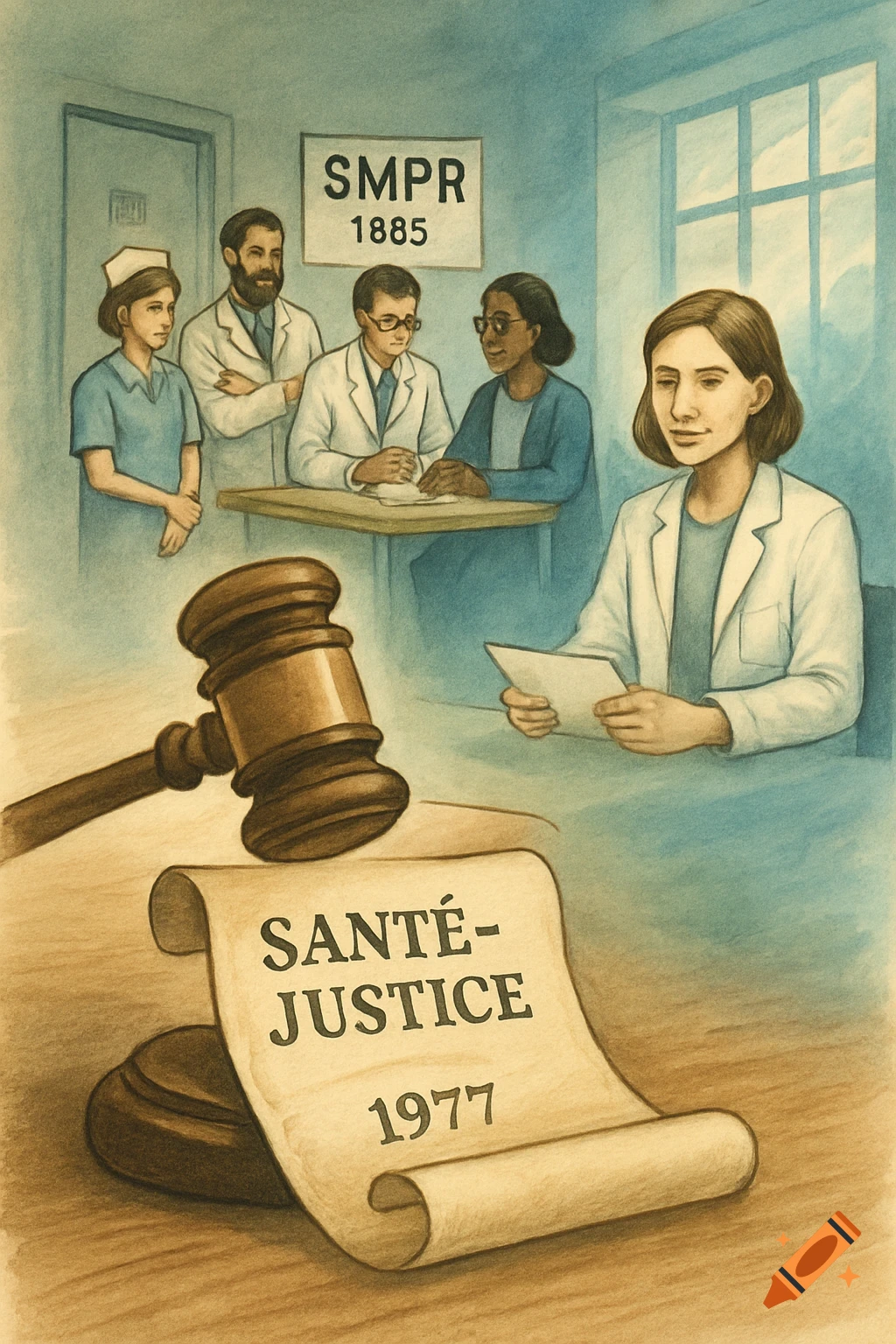 A stylized illustration depicting medical professionals, a gavel on a "SANT É-JUSTICE 1977" scroll, and a "SMPR 1885" sign.