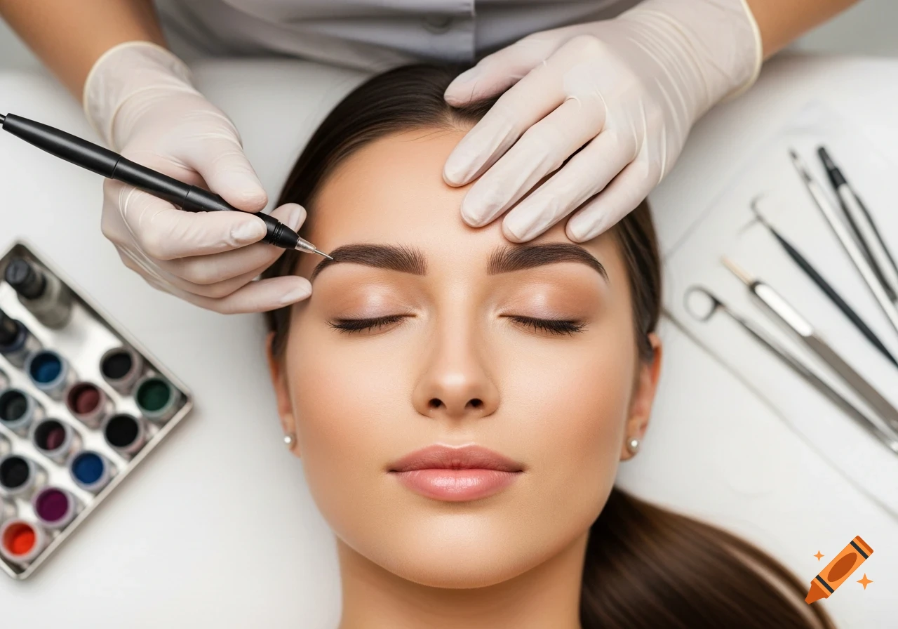 Top-down, photorealistic view of a woman with closed eyes receiving permanent eyebrow makeup from a gloved specialist.