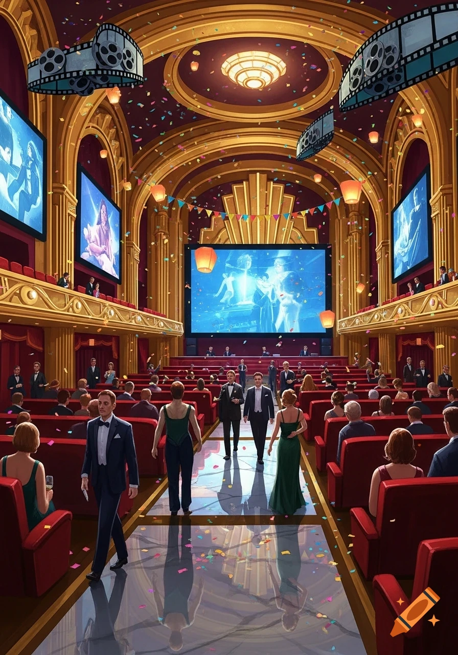A vibrant illustration of a glamorous cinema hall, decorated for a festival with falling confetti. Attendees walk down the aisle past red seats and large screens.