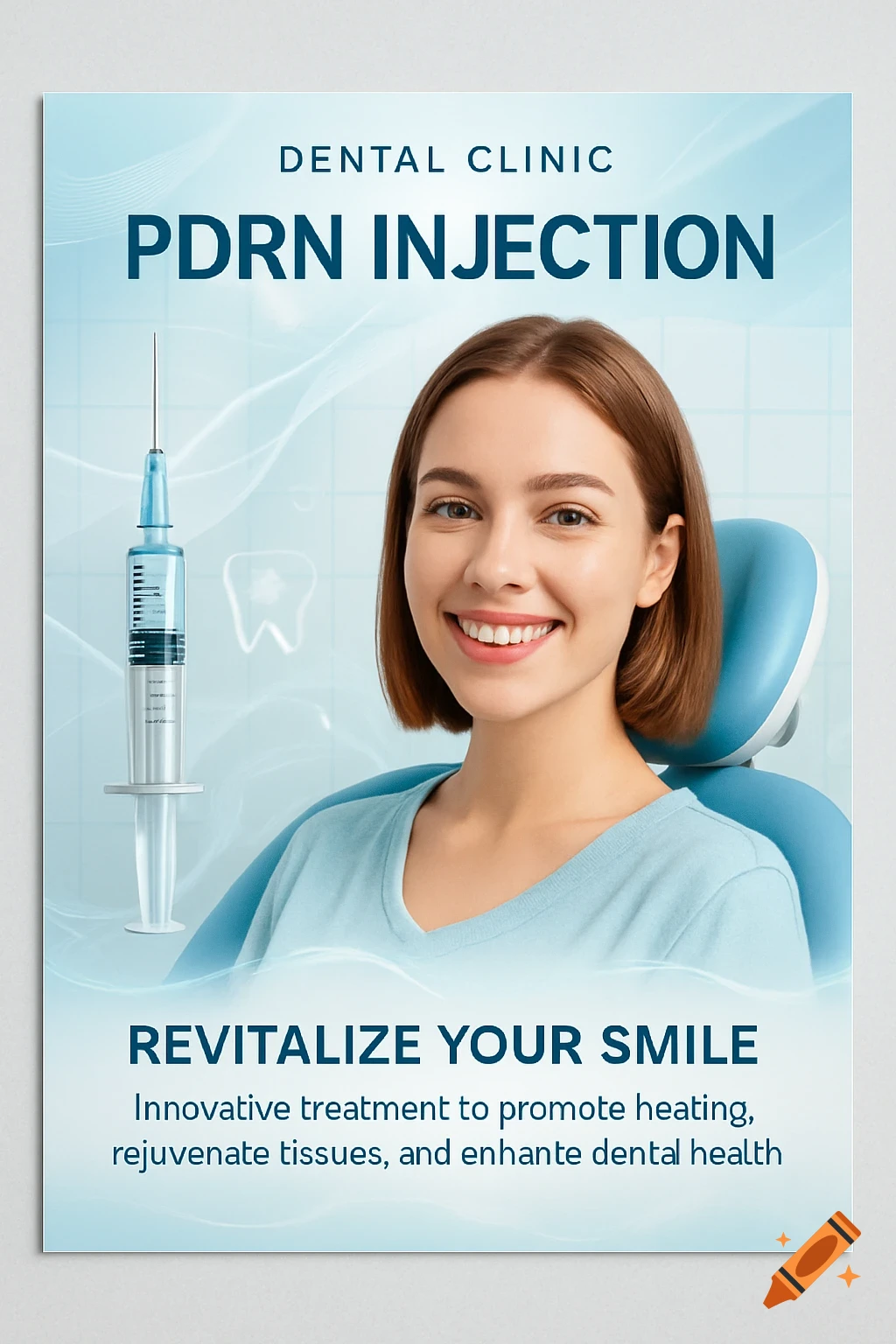 A smiling woman in a dental chair next to a large syringe and text advertising 'PDRN Injection' at a 'Dental Clinic' to 'Revitalize Your Smile'.