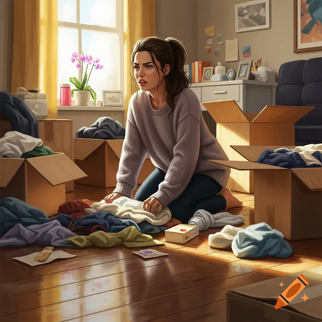 A frustrated woman kneels on a sunlit wooden floor, surrounded by piles of clothes and cardboard moving boxes.