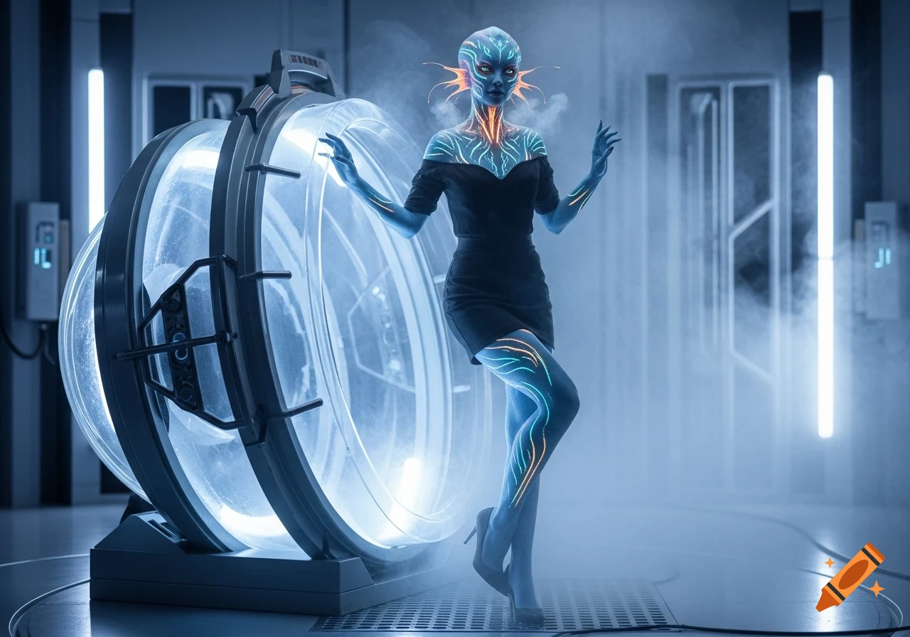 Photorealistic alien woman with blue skin and glowing patterns emerges from a crystalline stasis capsule in a foggy sci-fi lab.