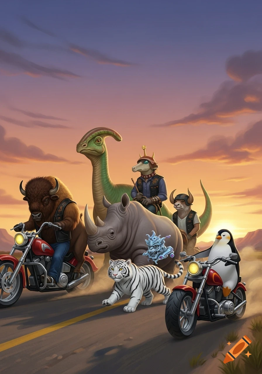 A group of cartoon-style animal bikers, including a bison, rhinoceros, parasaurolophus, white tiger, and penguin, ride motorcycles at sunset.