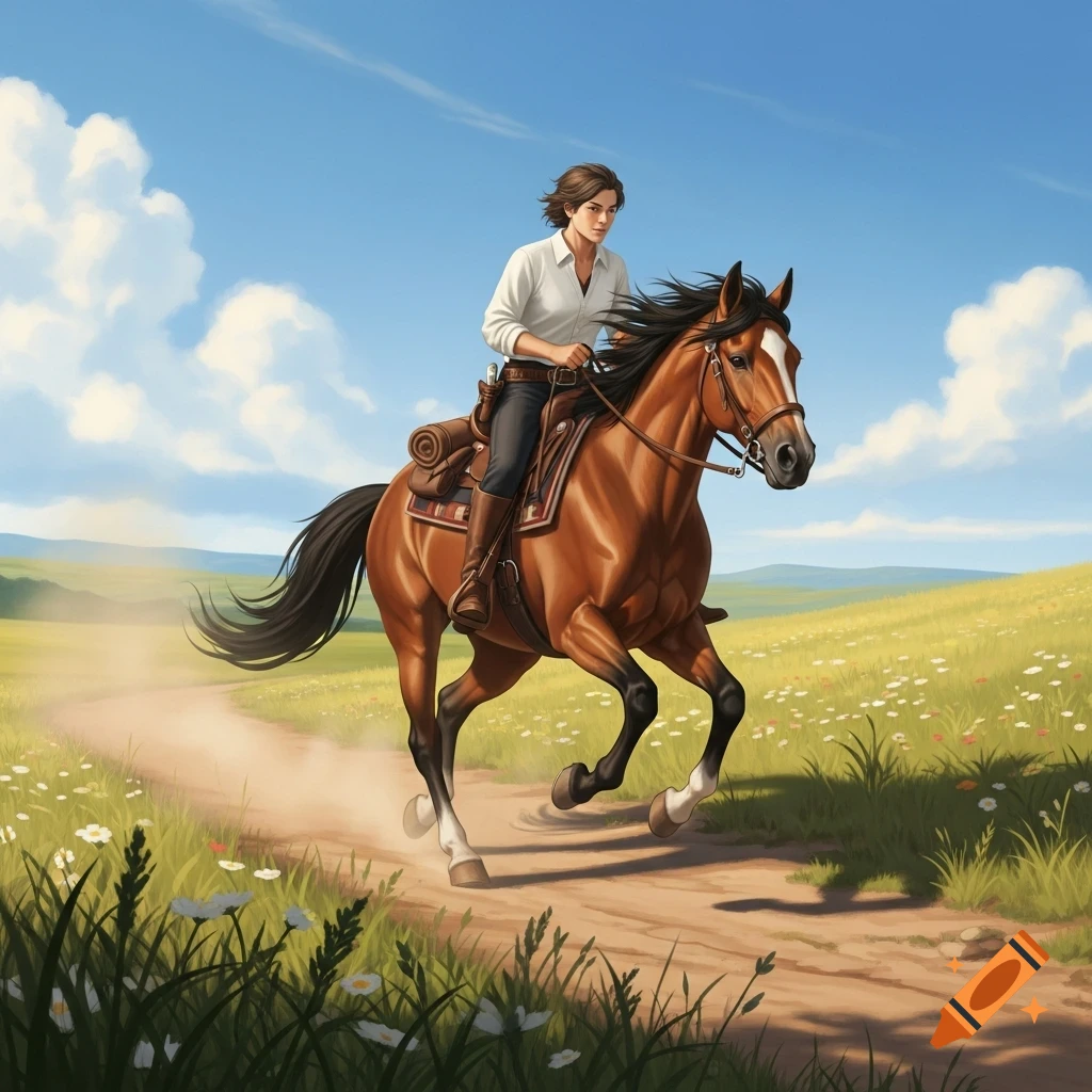 An illustration of a woman in a white shirt and boots riding a brown horse on a dirt path through a sunny, grassy field.