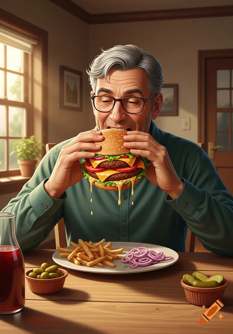 A man happily eats a large double cheeseburger with melting cheese, accompanied by fries and pickles, at a wooden table. Realistic style.