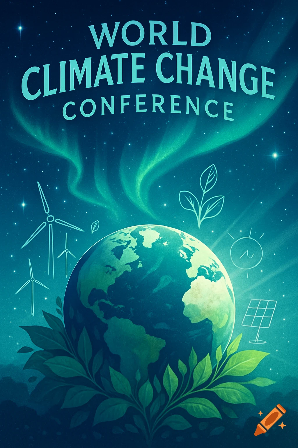 Stylized poster for a World Climate Change Conference, featuring Earth, green leaves, aurora, wind turbines, and solar panels.