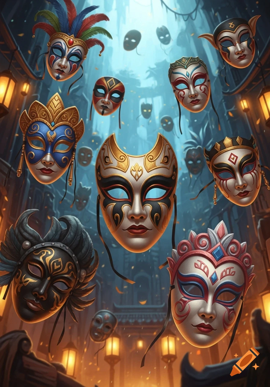 Vibrant, ornate multicultural theater masks with intricate designs float in a dimly lit, atmospheric street scene with glowing lanterns.